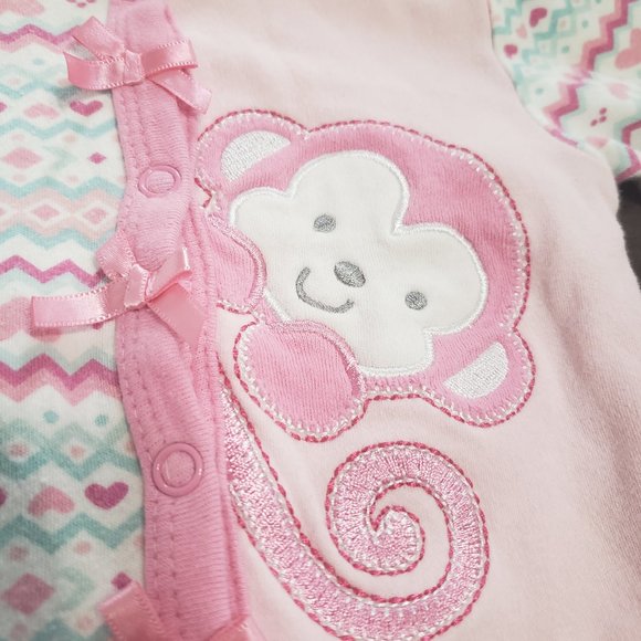 Footed Sleeper Monkey Theme Embroidered Button Up Hearts Bow Accents 6-9m Size - Picture 2 of 5